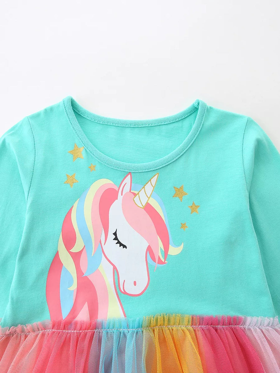 Girls' turquoise long sleeve dress with unicorn print and rainbow tulle skirt.