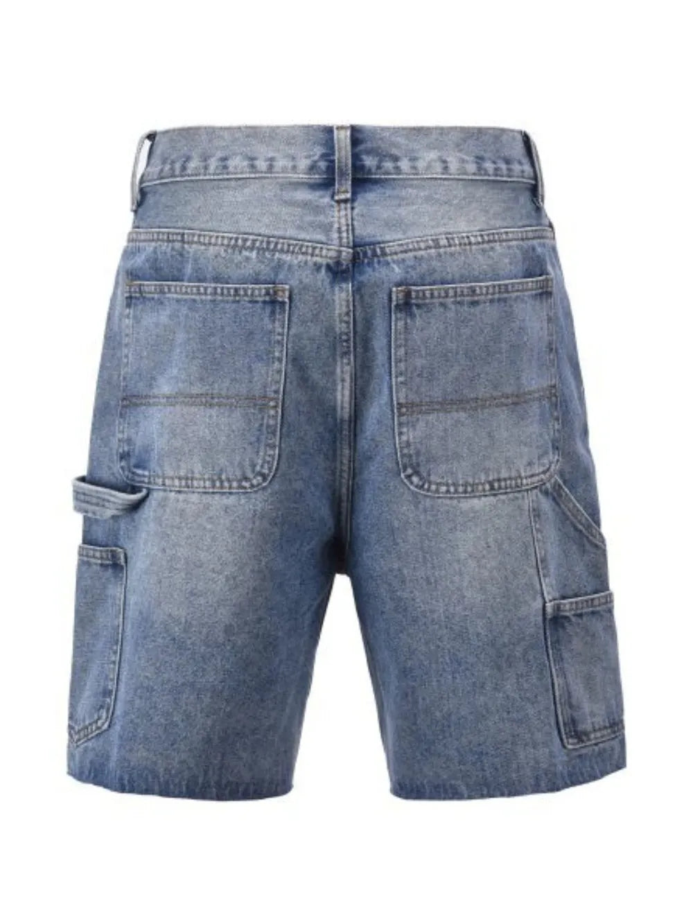Medium wash denim carpenter shorts with multiple pockets and utility loop.