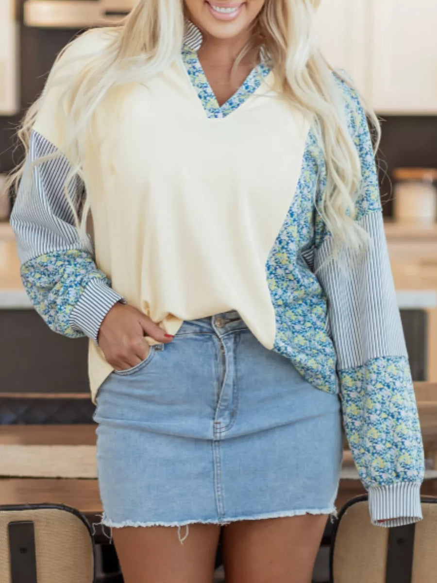 Floral Striped Drop Sleeve Collared Sweatshirt option 9