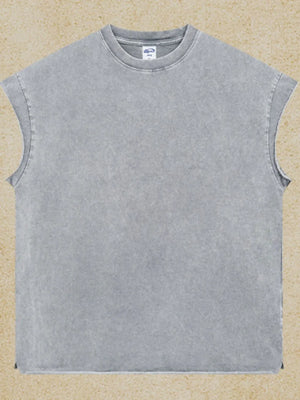 Acid wash boxy muscle tee in gray with a crew neck and sleeveless cut.