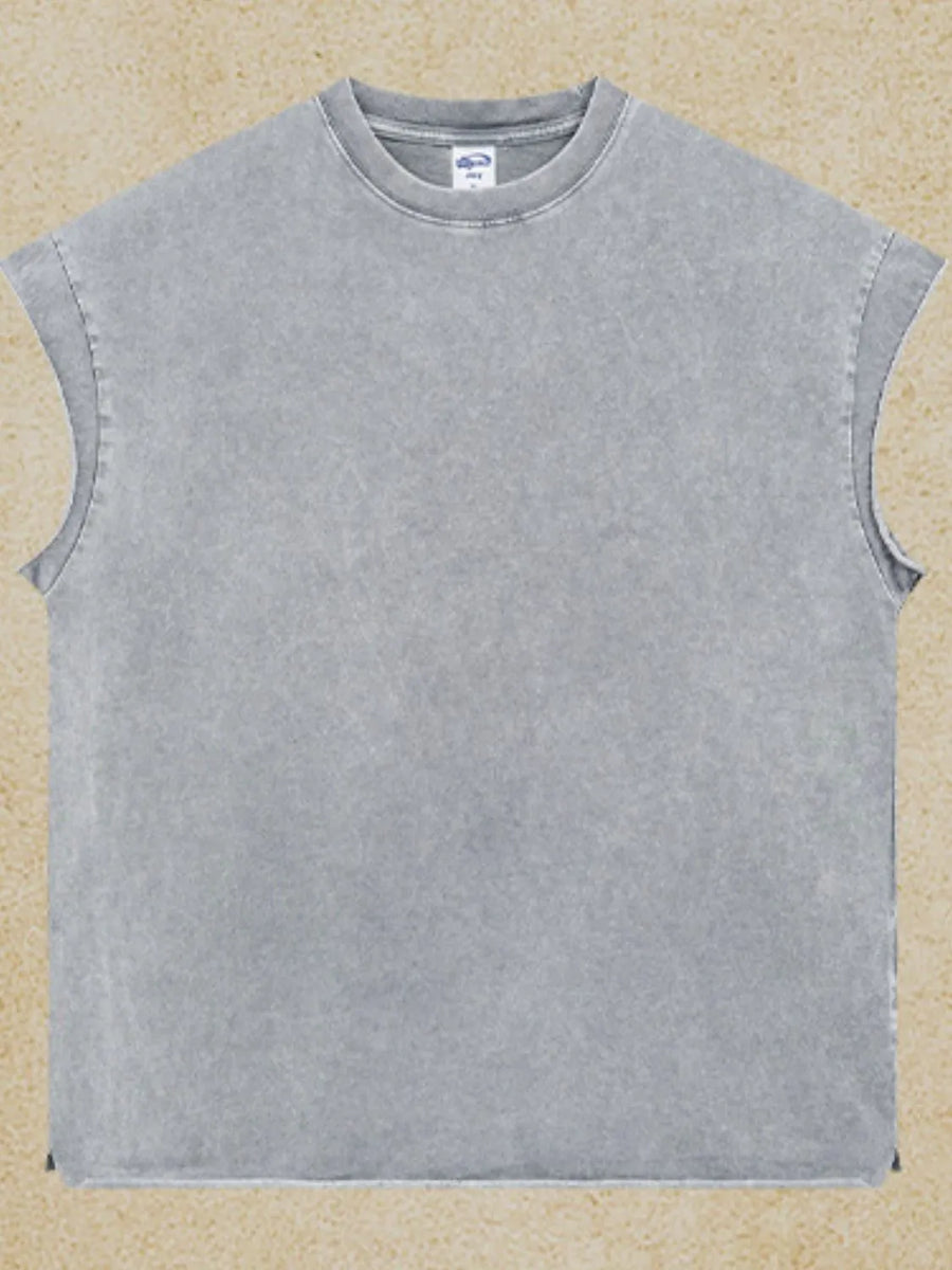 Acid wash boxy muscle tee in gray with a crew neck and sleeveless cut.