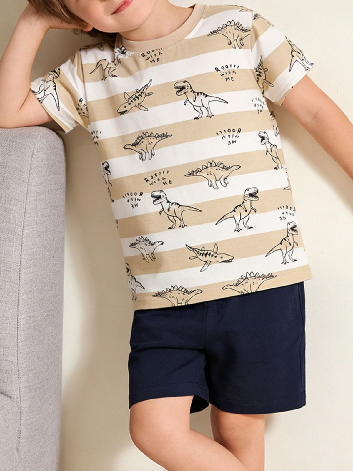 Toddler beige striped t-shirt with dinosaur print and crew neck