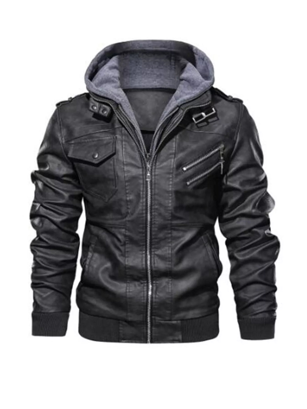 Black faux leather hooded jacket with zippered pockets and chest pockets.