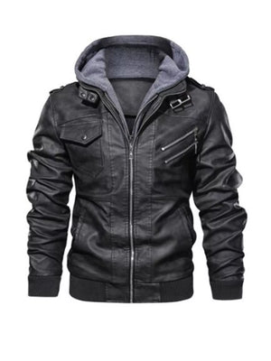 Black faux leather hooded jacket with zippered pockets and chest pockets.