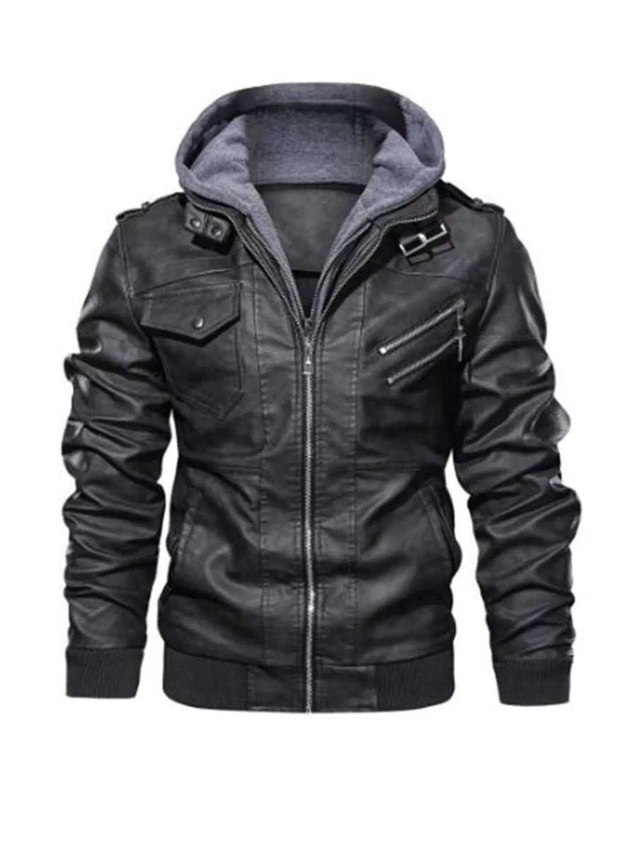 Black faux leather hooded jacket with zippered pockets and chest pockets.