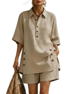 Khaki linen shorts and buttoned tunic top, part of a relaxed two-piece ensemble.