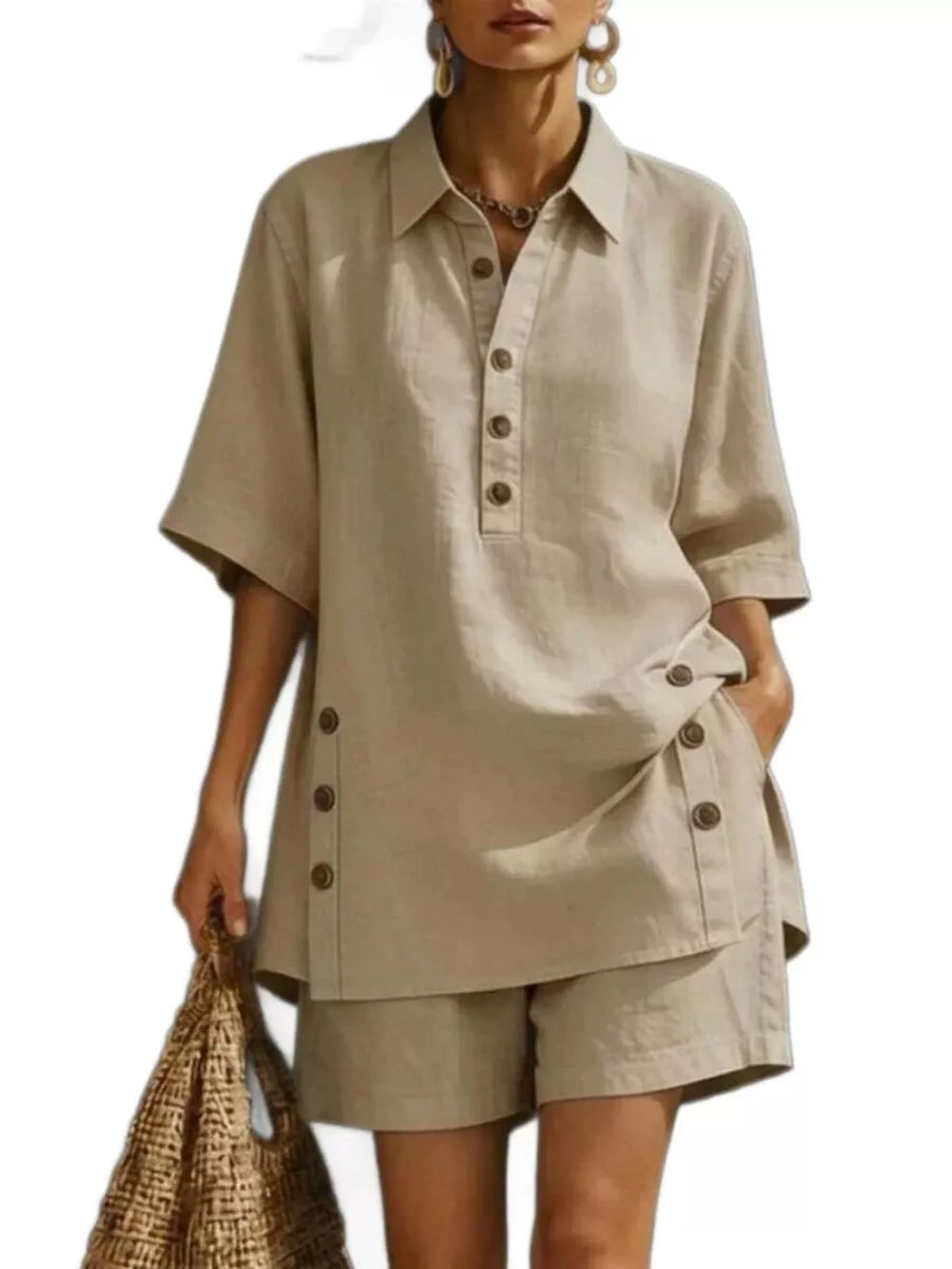 Khaki linen shorts and buttoned tunic top, part of a relaxed two-piece ensemble.