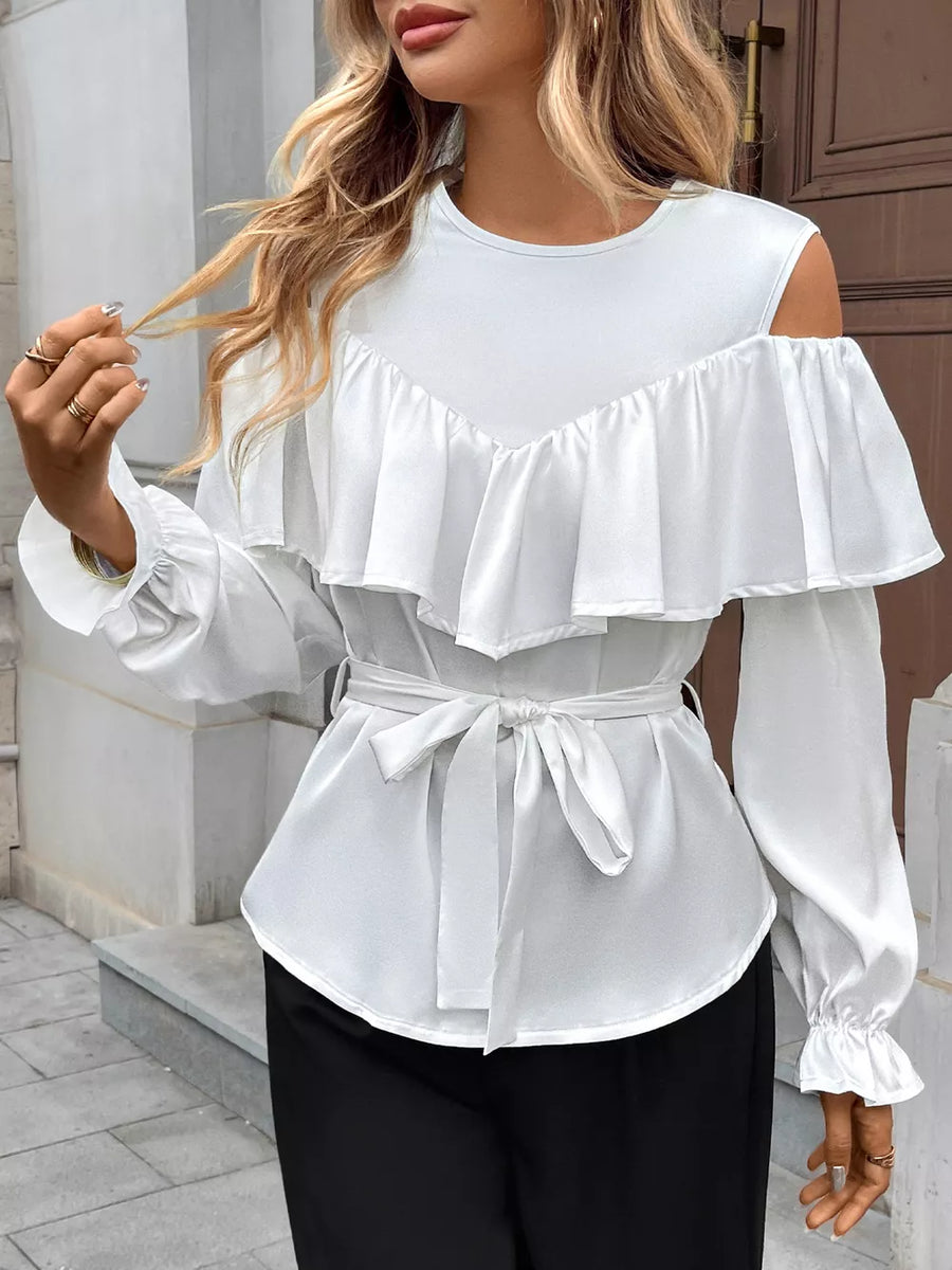 White ruffled cold shoulder maternity blouse with tie belt and long sleeves.