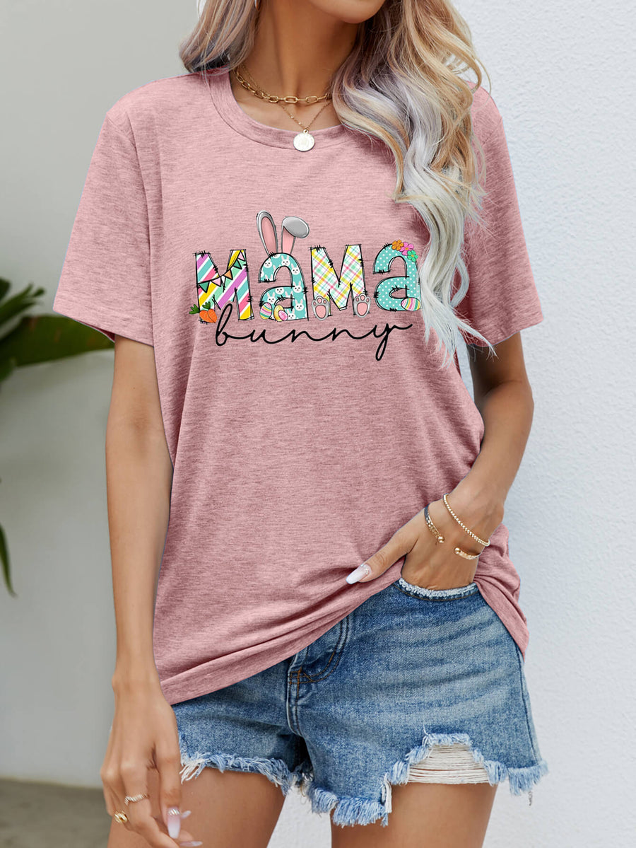 Dusty Pink Mama Bunny graphic tee with crew neck and short sleeves.