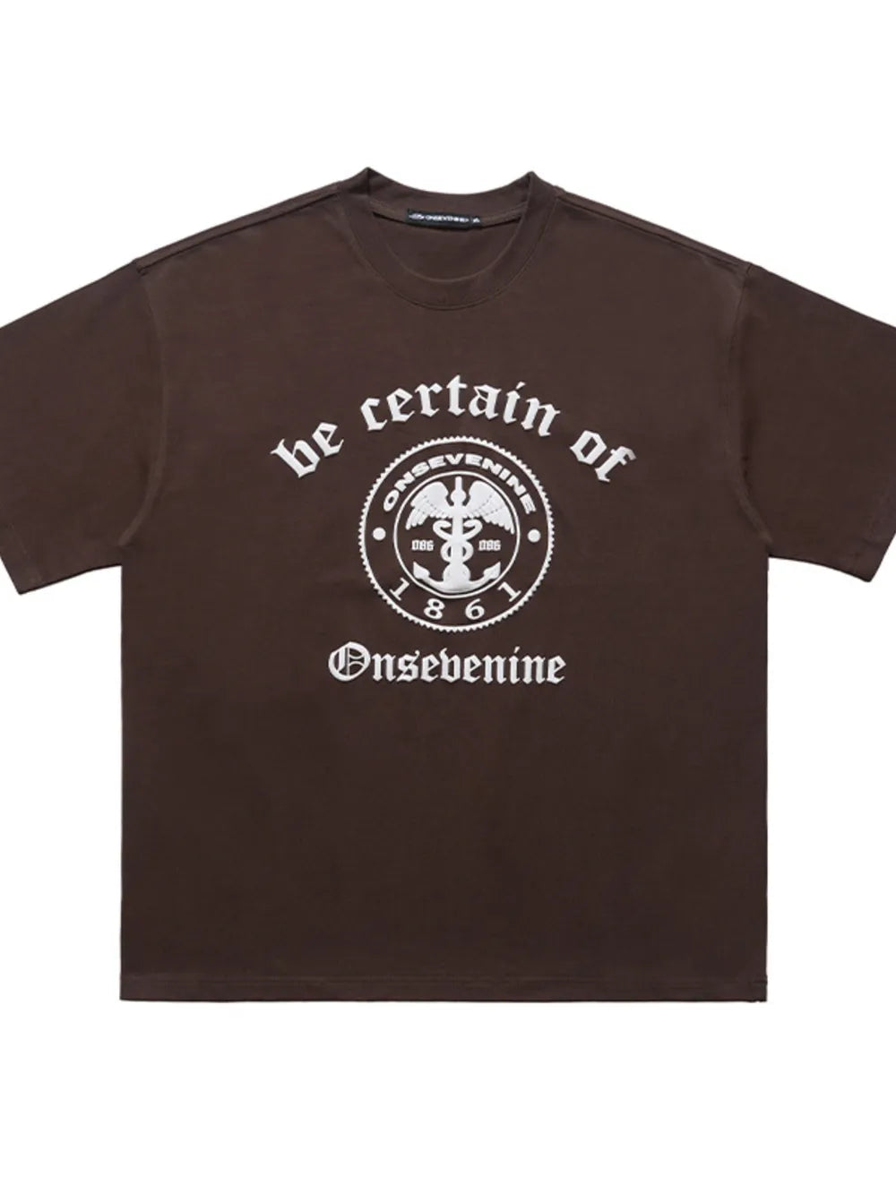 Brown cotton oversized graphic t-shirt with white text and emblem.
