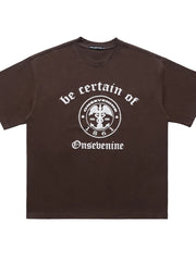 Brown cotton oversized graphic t-shirt with white text and emblem.