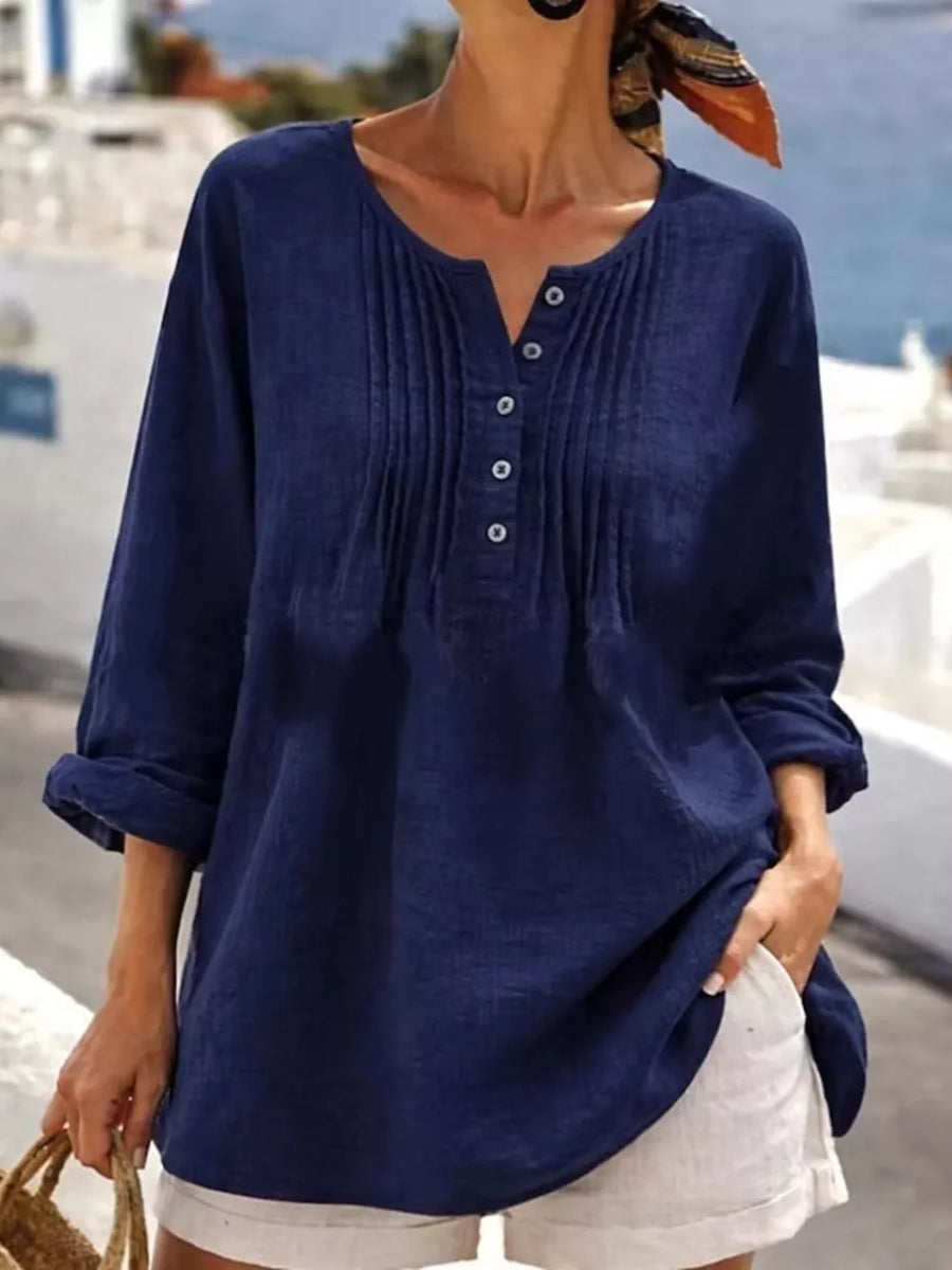 Casual Button Detail Long Sleeve Linen Shirt in Navy