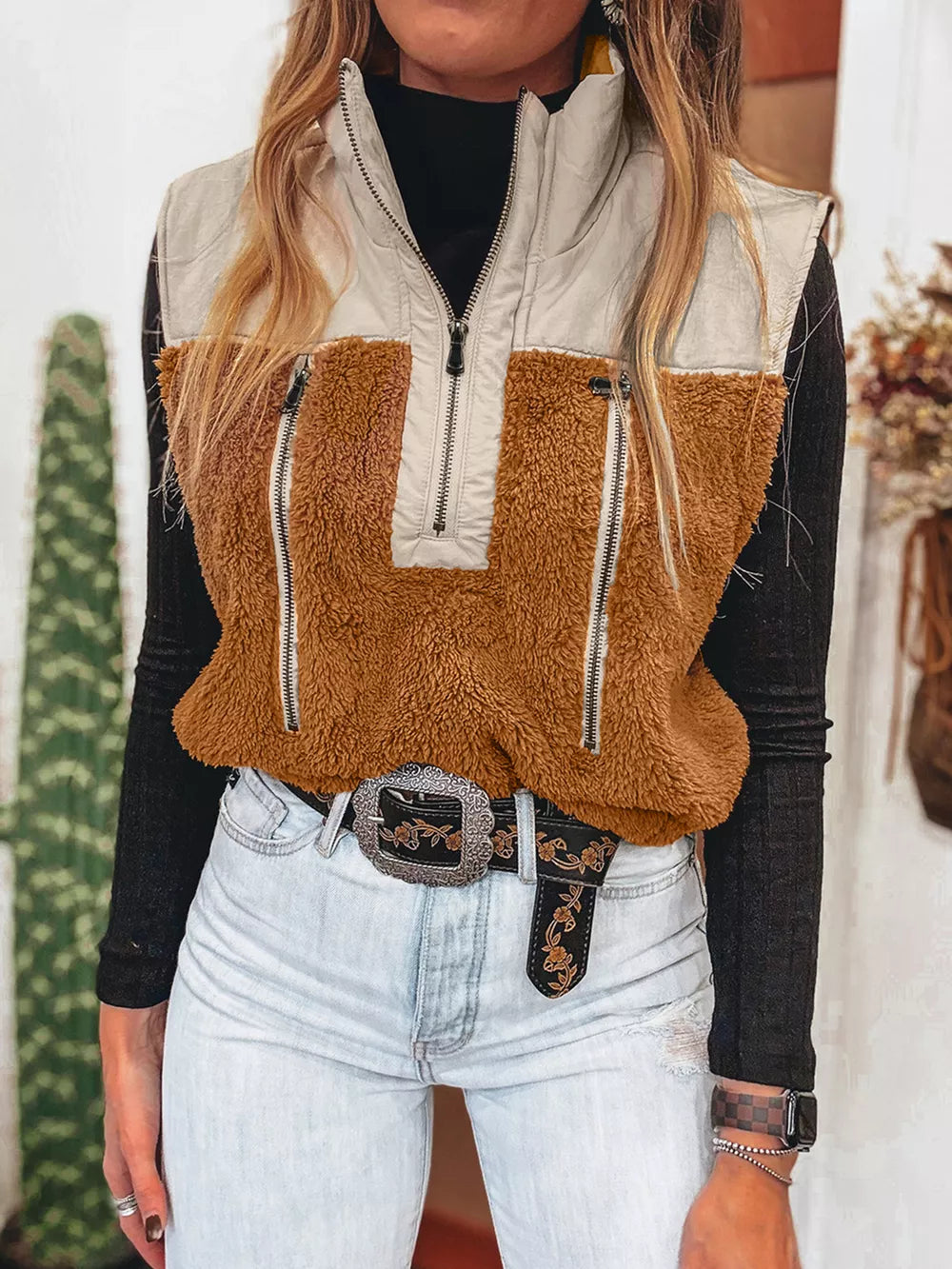 Cozy color block zippered vest coat in brown and beige with fuzzy texture and zip pockets.
