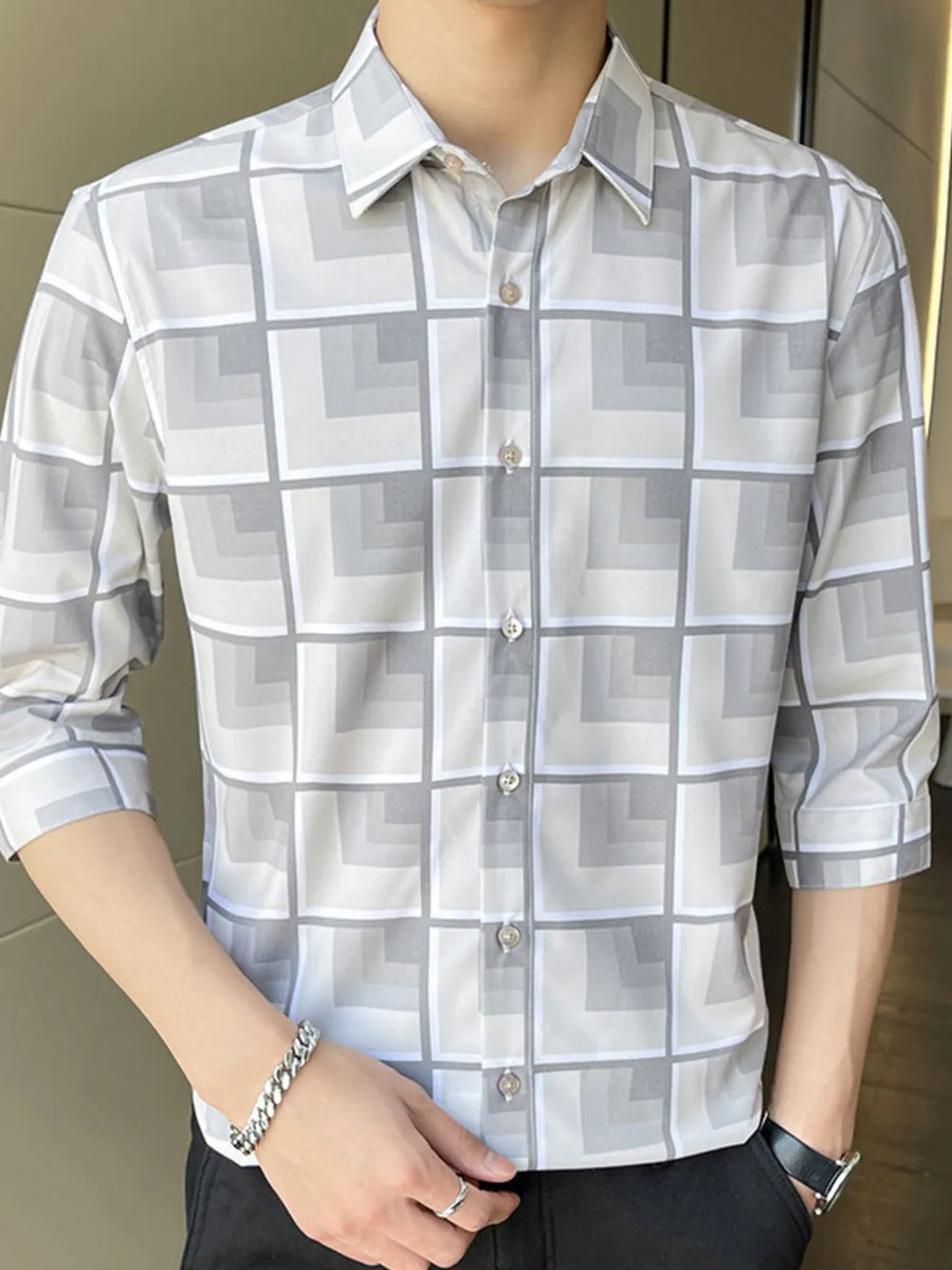 Men's casual button-up shirt in grey geometric print cotton blend with 3/4 sleeves.