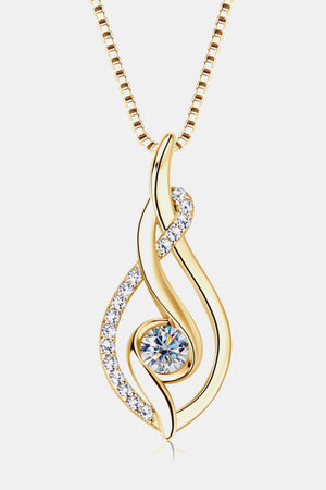 Gold infinity swirl pendant necklace with moissanite and pave diamonds on a box chain.