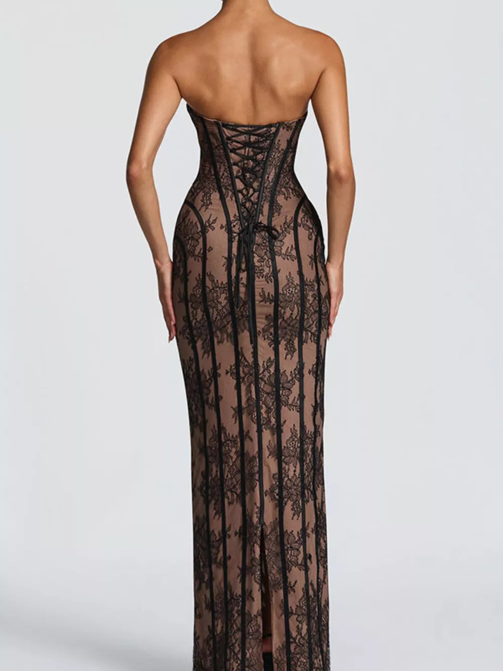 Black lace-up maxi dress with sweetheart neckline and lace overlay.