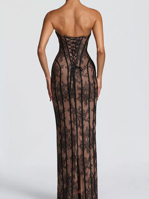 Black lace-up maxi dress with sweetheart neckline and lace overlay.