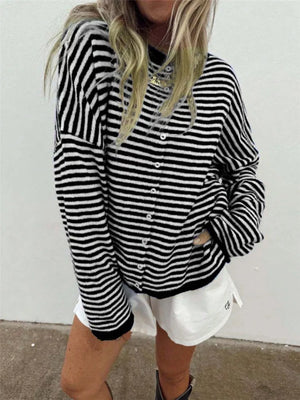 Striped Knit Button Up Cardigan in Khaki, view 13