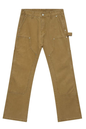 Camel wide leg carpenter trousers with utility pockets and reinforced knees.