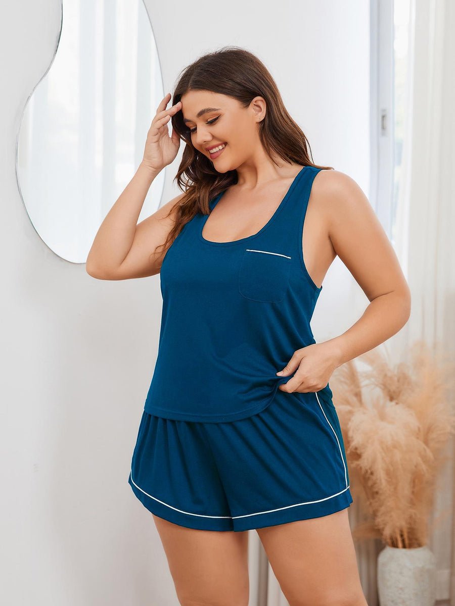 Peacock blue loungewear set with contrast trim racerback tank and shorts.