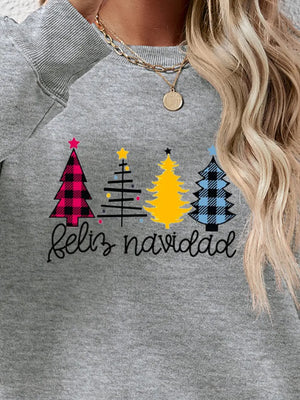 Feliz Navidad graphic crewneck sweatshirt in grey with festive trees and text.