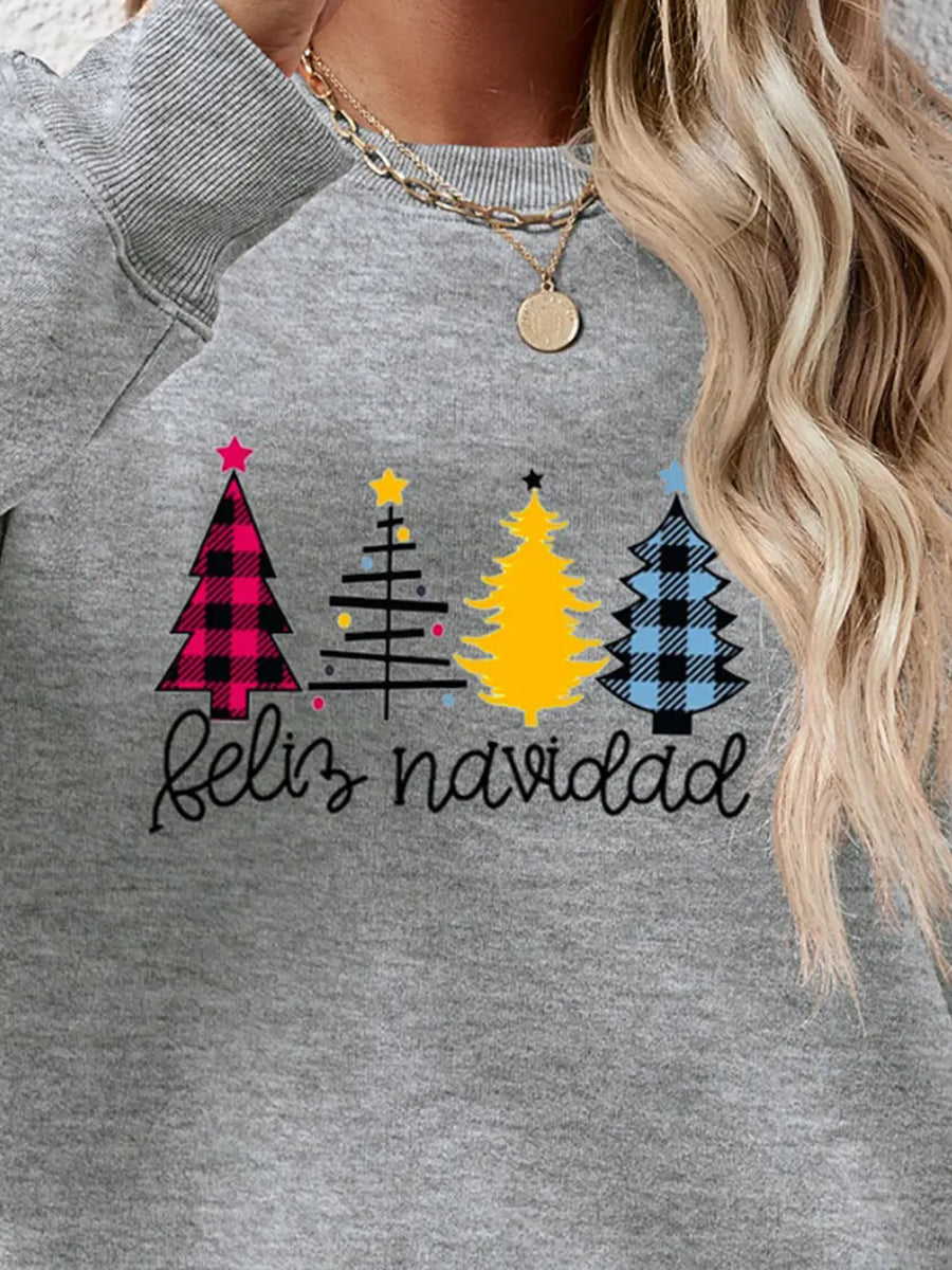 Feliz Navidad graphic crewneck sweatshirt in grey with festive trees and text.