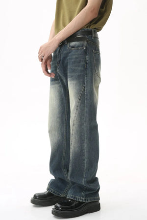 Panel seam washed denim trousers in dark blue, featuring a relaxed fit and vintage wash.
