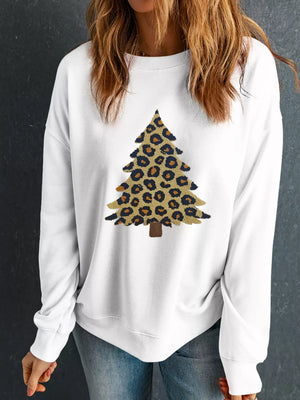 White drop shoulder sweatshirt with leopard print Christmas tree graphic.