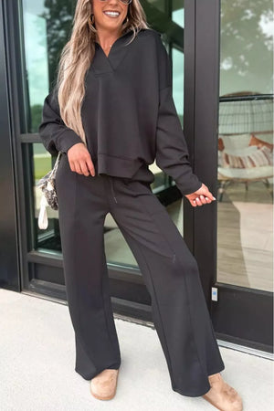 Black collared v-neck sweatshirt and wide-leg drawstring pants set.