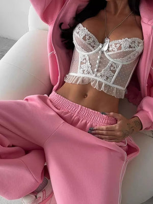 Cropped Zip-up Hoodie And Wide-leg Sweatpants Set in Black with contrast stitching