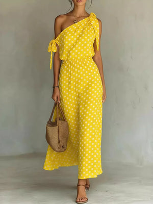 Yellow polka dot one-shoulder maxi dress with tie details and elastic waist