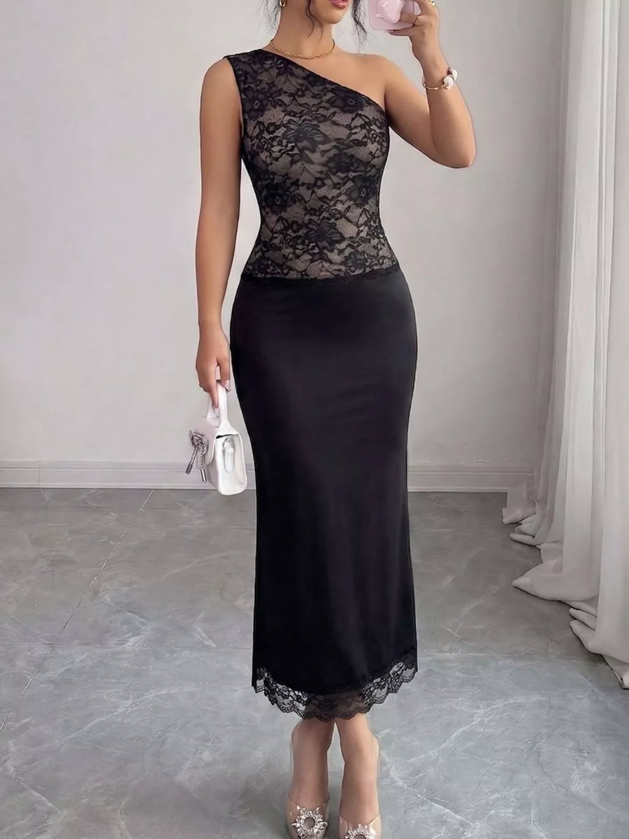 Black with One-shoulder Lace Trimmed Midi Dress