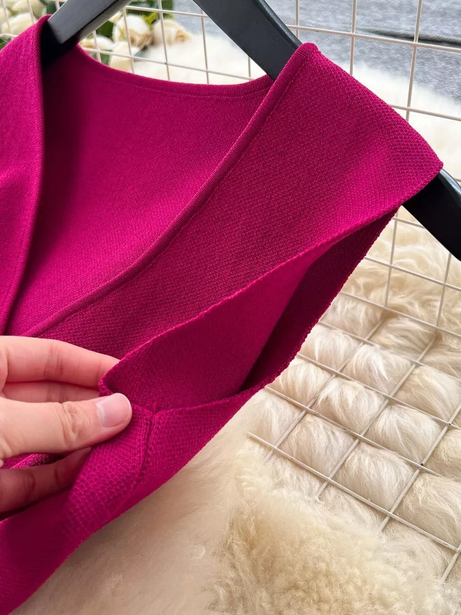 Wine red sheer two-piece set with button details, polyester fabric.