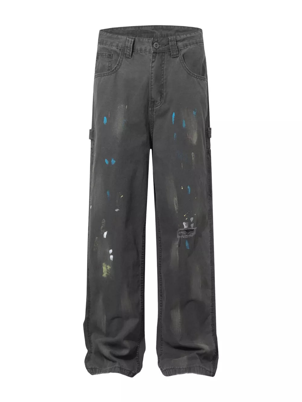 Distressed charcoal wide-leg sweatpants with paint splatter detail and a ripped knee.