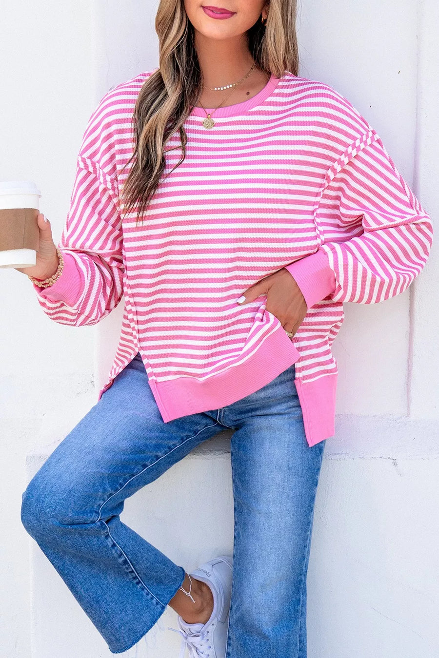 Stripe Textured Knit Color Block Long Sleeve Top option 7