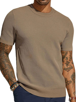 Textured knit crewneck tee in Khaki with short sleeves and a ribbed hem.