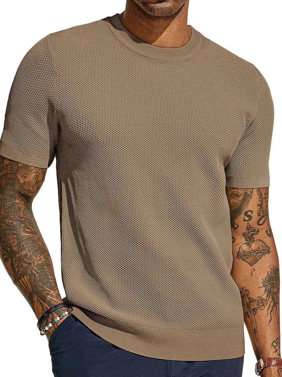 Textured knit crewneck tee in Khaki with short sleeves and a ribbed hem.