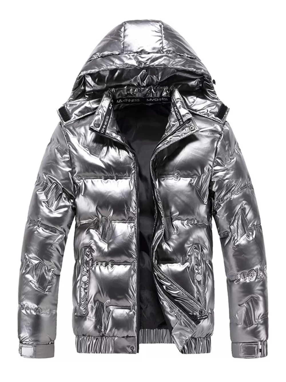 Silver reflective hooded puffer coat for men with zippered pockets and elastic cuffs.