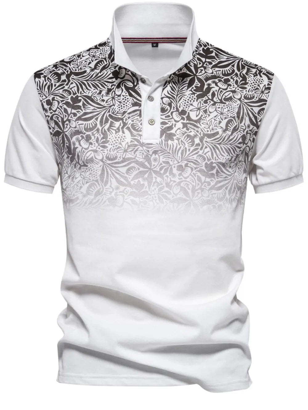 White polo shirt with floral ombre pattern on chest and sleeves