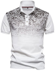 White polo shirt with floral ombre pattern on chest and sleeves