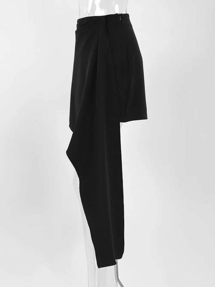 Asymmetric High-waisted Draped Mini Skirt in Black with tied