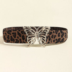 Leopard print elastic belt with silver butterfly buckle detail.