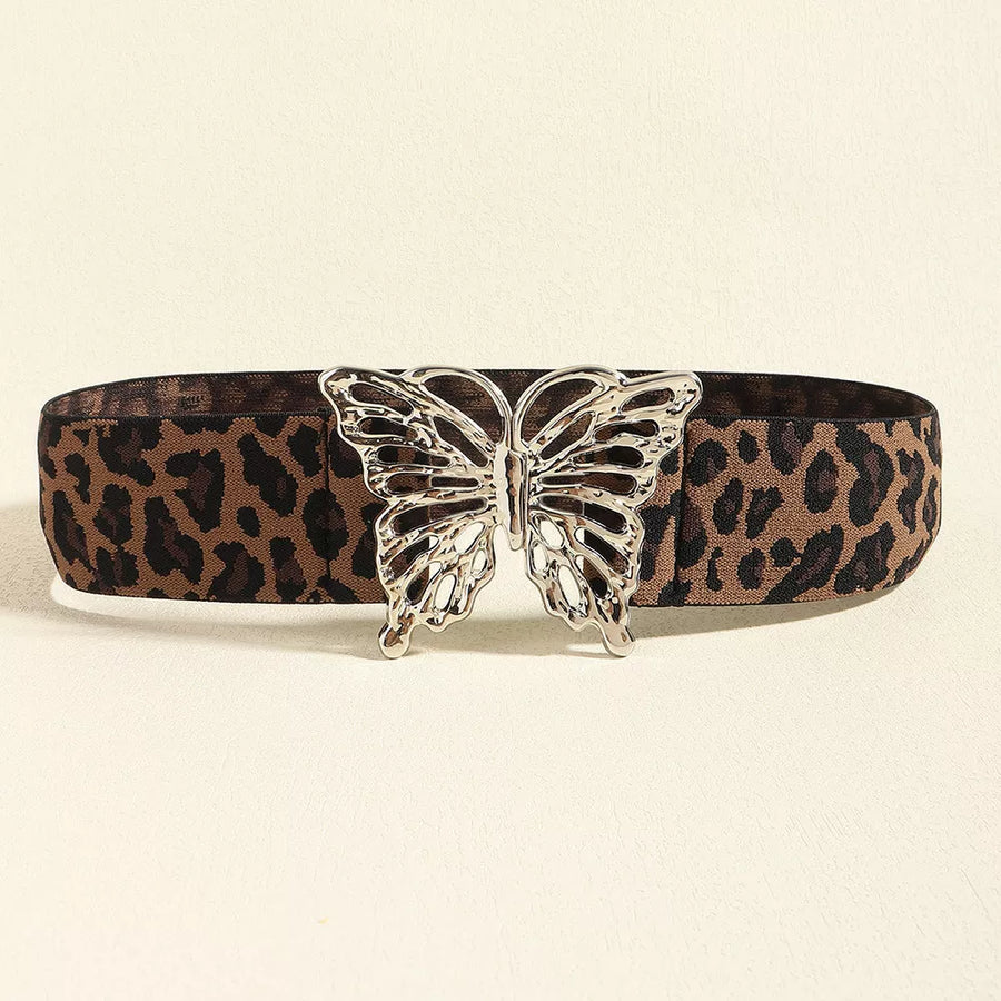 Leopard print elastic belt with silver butterfly buckle detail.