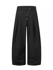 charcoal wide-leg pants with full-length and button-front