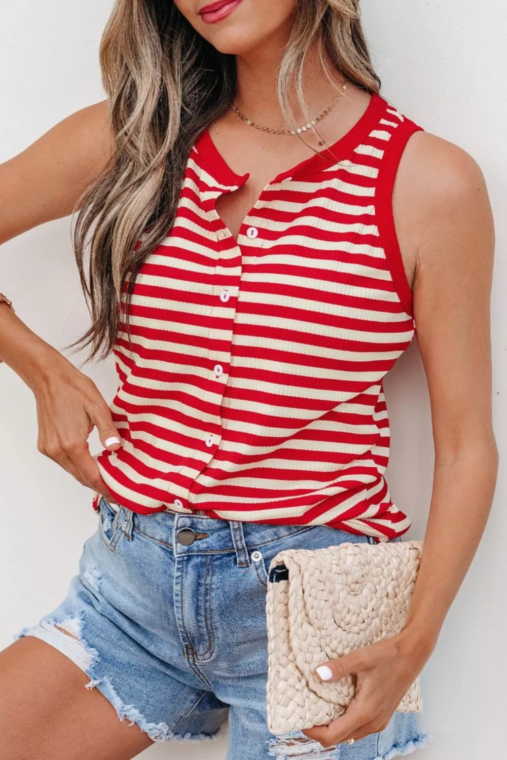 Red and cream striped ribbed knit tank top with button detail