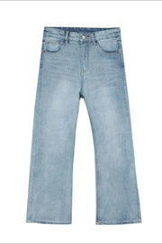 Light blue vintage wash flare denim trousers with a casual fit.