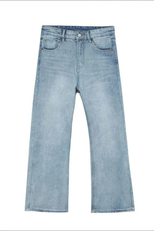 Light blue vintage wash flare denim trousers with a casual fit.