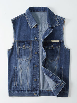 Men's vintage washed denim vest with button-down front and chest pockets.