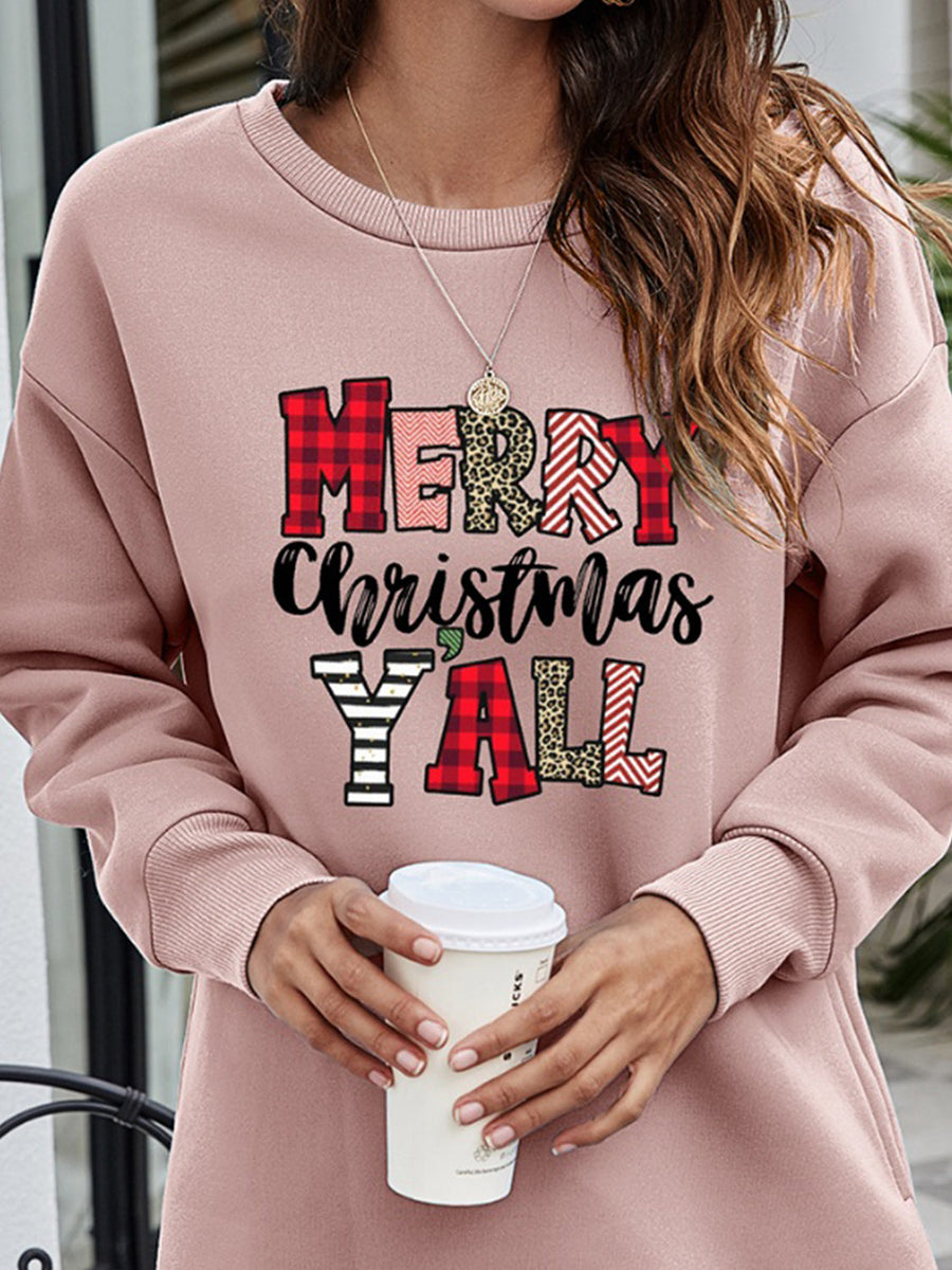 Dusty Pink oversized sweatshirt with "Merry Christmas Y'all" graphic in plaid and leopard print.