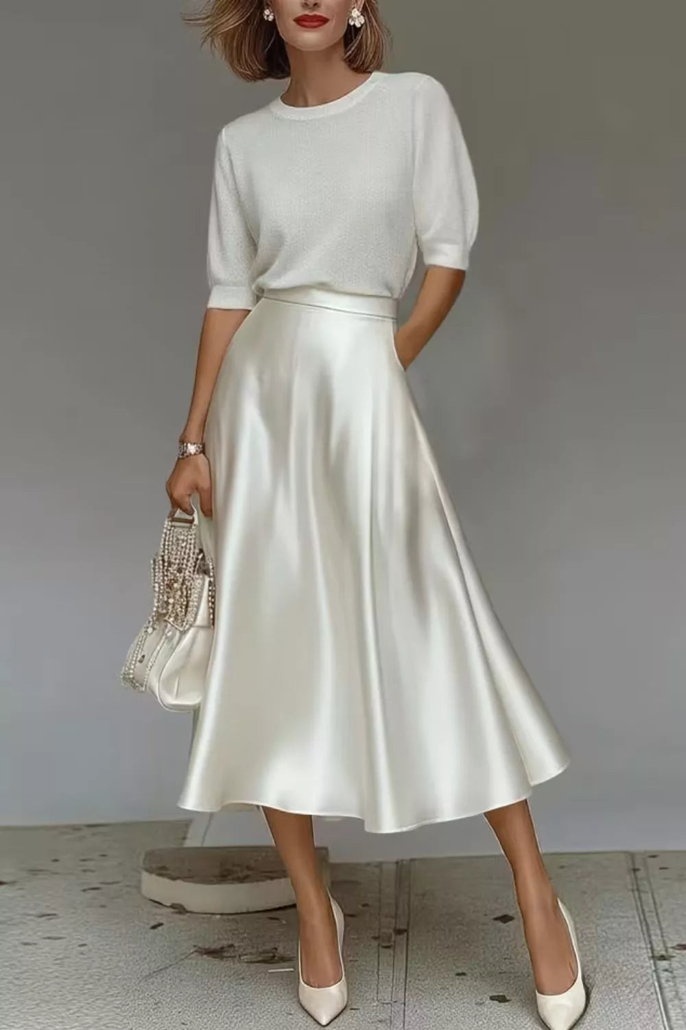 White a-line midi skirt with hidden pockets, made of lustrous fabric